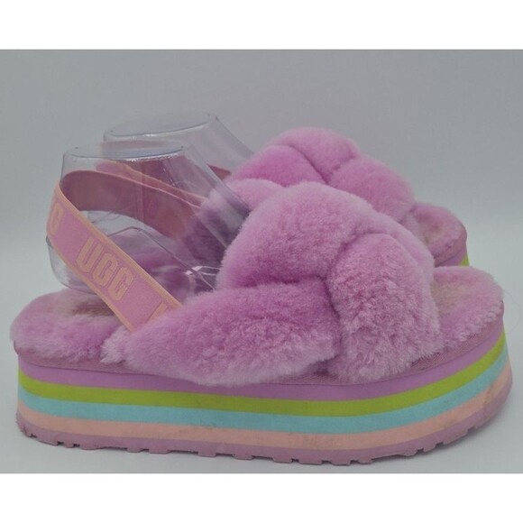 UGG Pink Rainbow Platform Disco Knot Genuine Shearling Slide Slippers US Size 11 - Picture 6 of 9